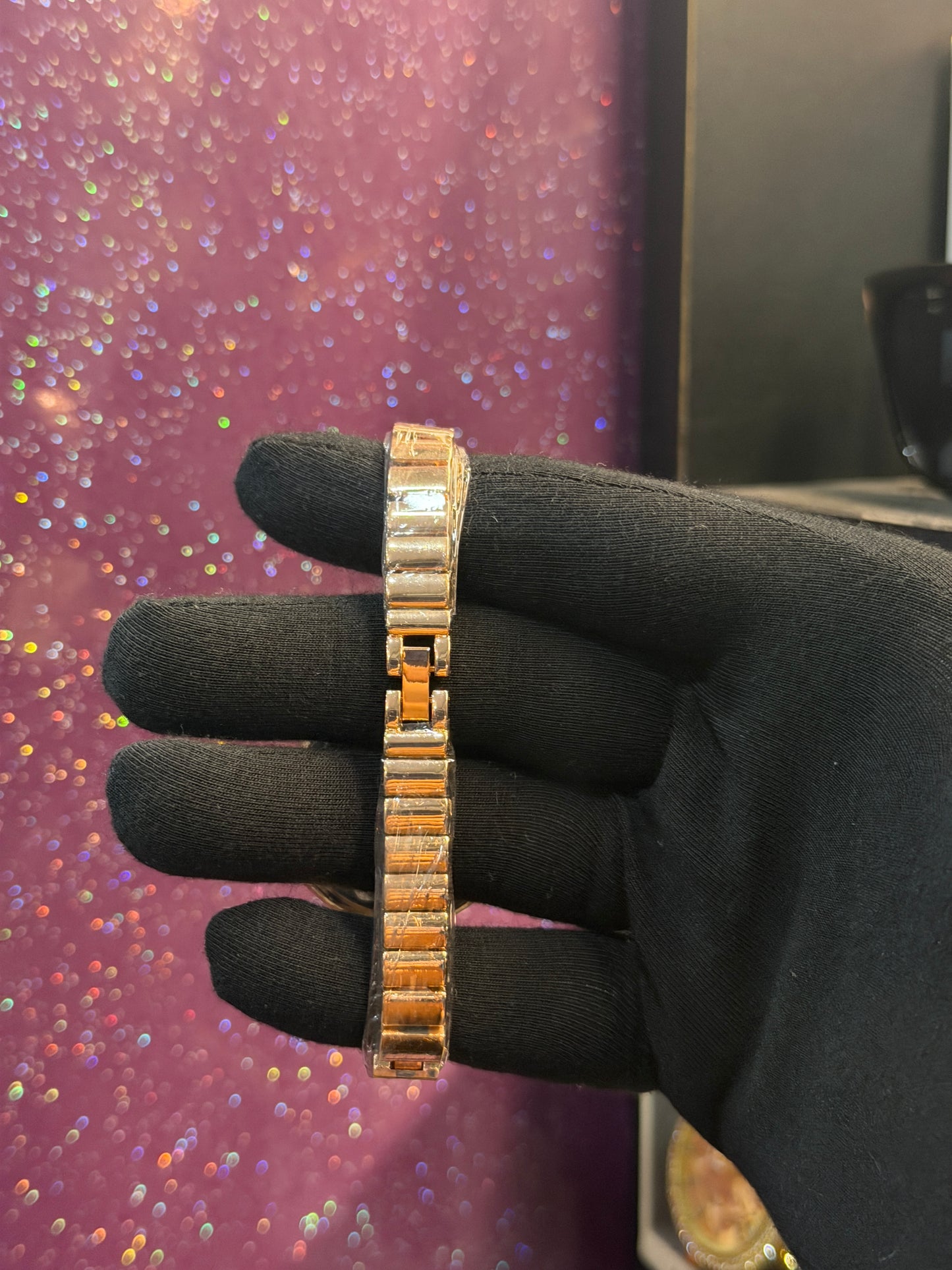 MK LADIES WATCH MK A-735 , GOLDEN CHAIN WITH STONE WORK AND WHITE DIAL