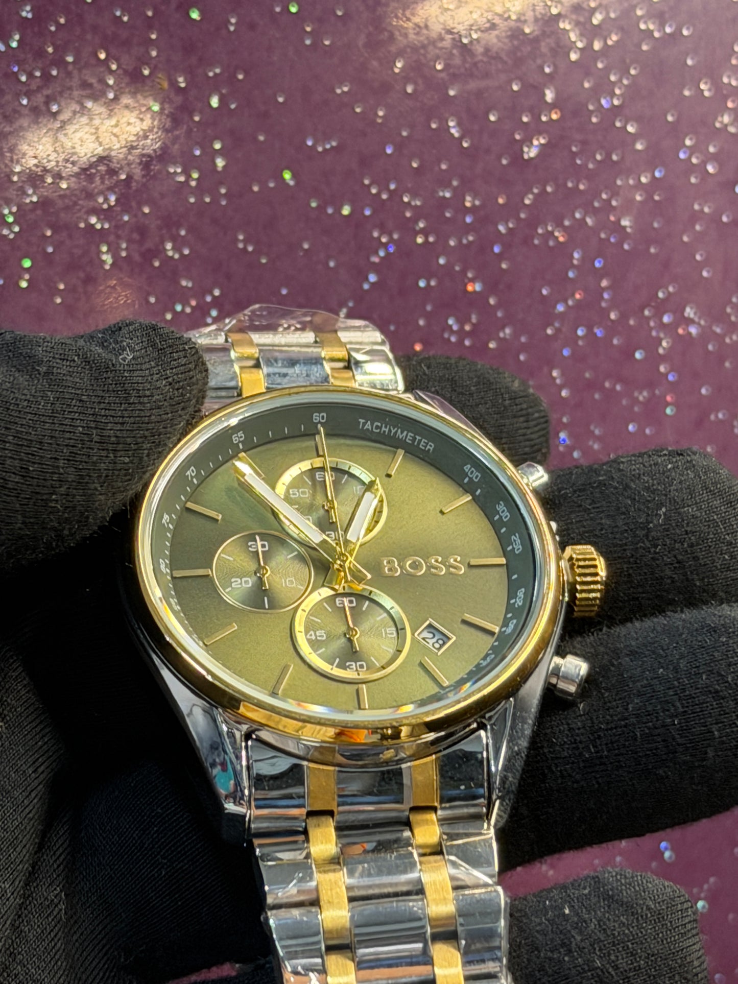 HUGO BOSS - CHRONOGRAPH - MEN'S WATCH - SILVER AND GOLDEN CHAIN WITH GREEN DIAL