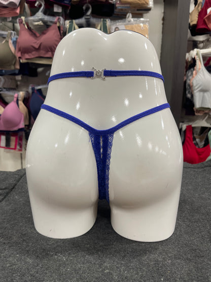 FLORAL LACE OPEN- BACK THONG PANTY - ROYAL BULE COLOUR