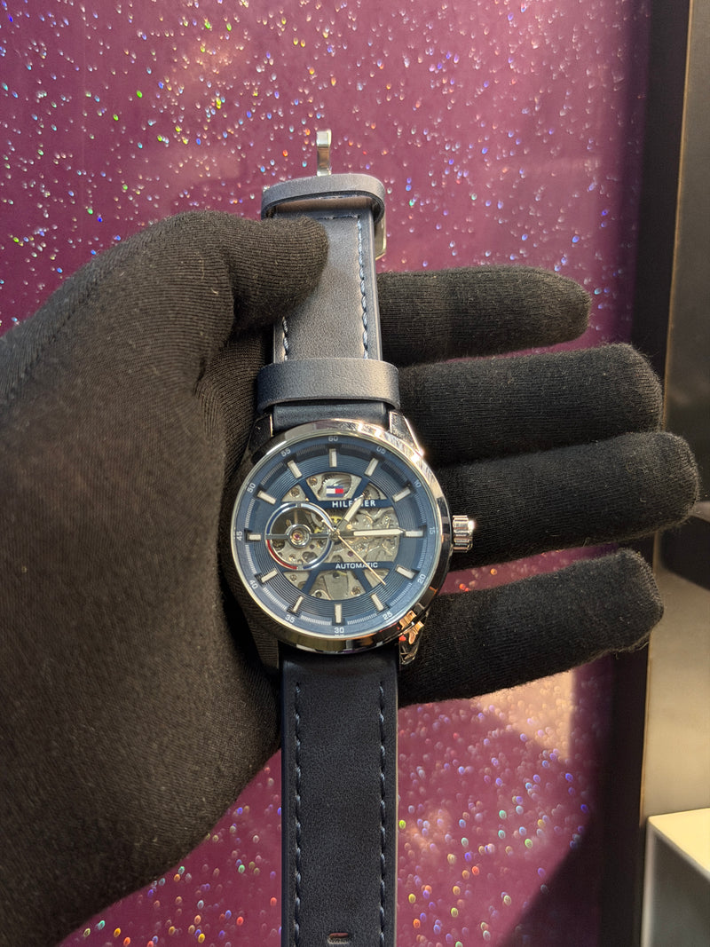 TOMMY HILFIGER - MEN'S WATCH -  AUTOMATIC - BLUE LEATHER STRAP