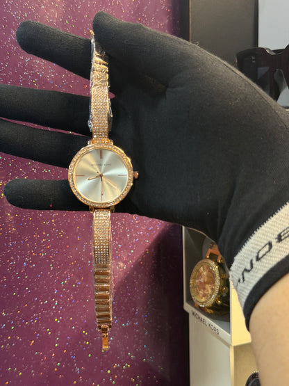 MK LADIES WATCH MK A-735 , GOLDEN CHAIN WITH STONE WORK AND WHITE DIAL