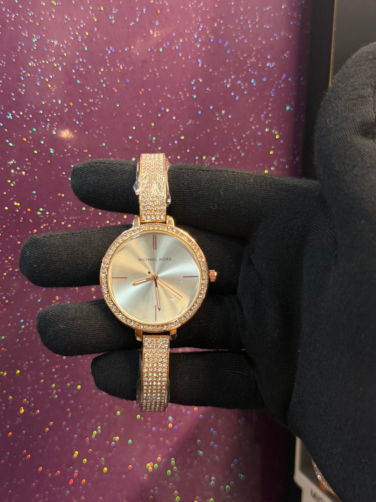 MK LADIES WATCH MK A-735 , GOLDEN CHAIN WITH STONE WORK AND WHITE DIAL