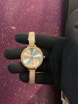 MICHAEL KORS LADIES WATCH MK A-735 , GOLDEN CHAIN WITH STONE WORK AND WHITE DIAL