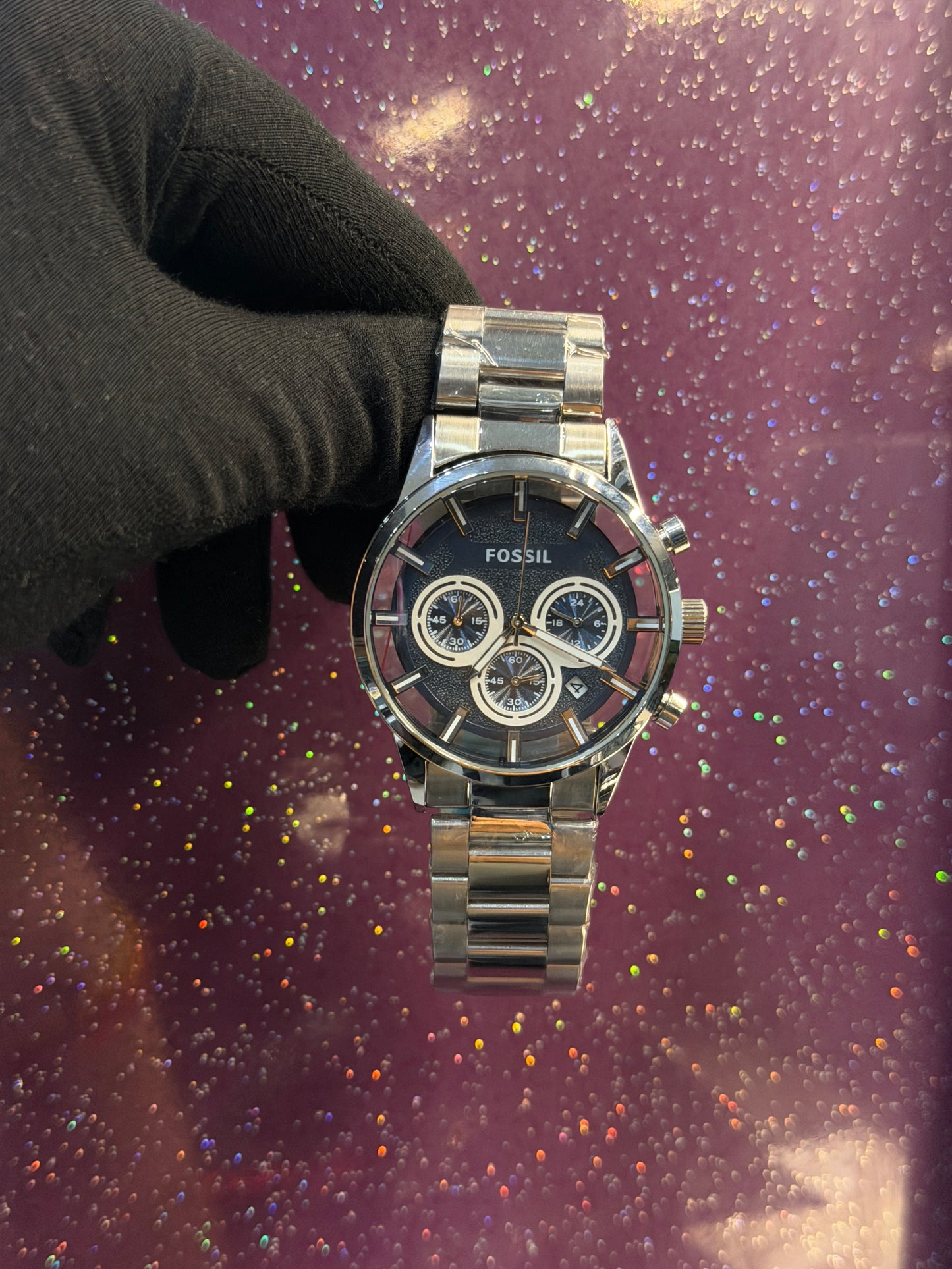 FOSSIL - MEN'S WATCH - CHRONOGRAPH - SEE THRU - SILVER CHAIN WITH NAVY BLUE DIAL