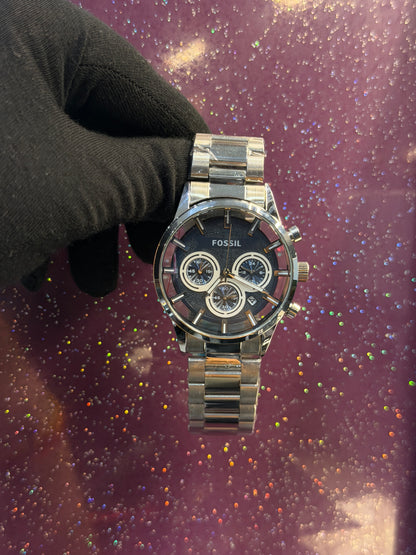 FOSSIL - MEN'S WATCH - CHRONOGRAPH - SEE THRU - SILVER CHAIN WITH NAVY BLUE DIAL