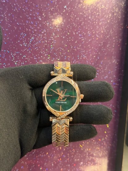 LV - LADIES WATCH - GOLDEN COLOUR CHAIN WITH GREEN DIAL - STONE WORK