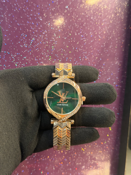 LV - LADIES WATCH - GOLDEN COLOUR CHAIN WITH GREEN DIAL - STONE WORK