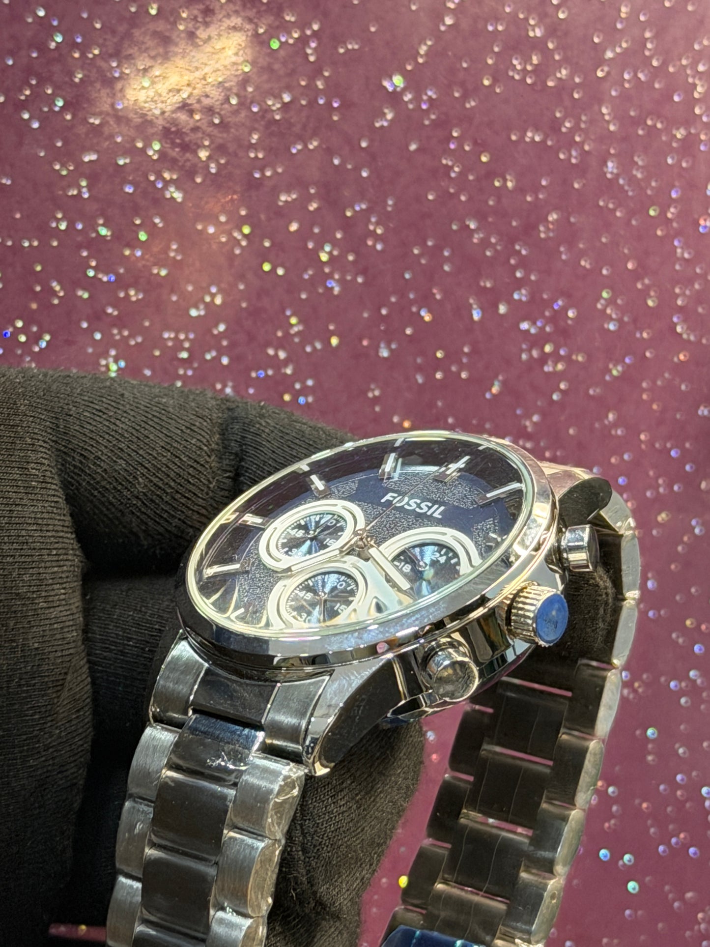 FOSSIL - MEN'S WATCH - CHRONOGRAPH - SEE THRU - SILVER CHAIN WITH NAVY BLUE DIAL