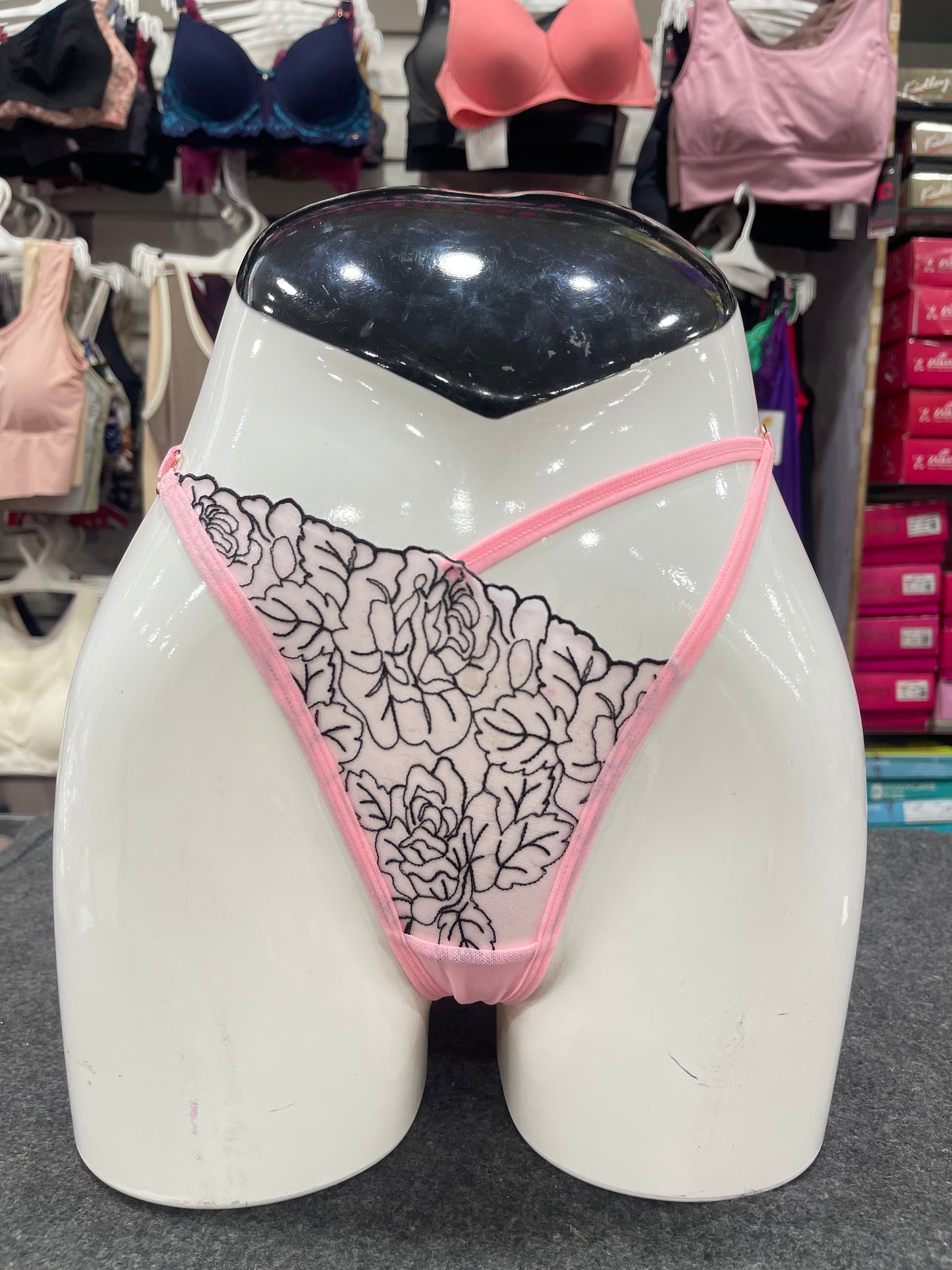 NETTED FLORAL THONG - PANTY - ADJUSTABLE SIDE STRAP - FREE SIZED - BABY PINK COLOUR