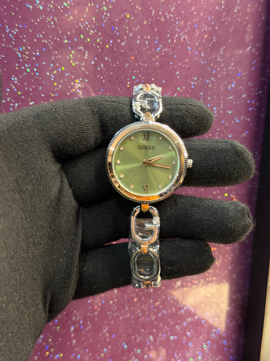 GUESS - LADIES WATCH - BRACELET LOOK - SILVER ROSE GOLD CHAIN WITH GREEN DIAL
