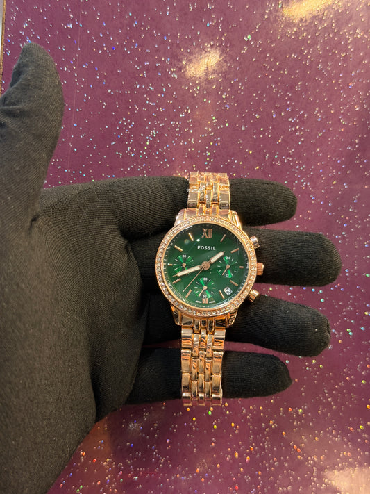 FOSSIL - LADIES WATCH - GOLDEN CHAIN WITH GREEN DIAL - STONE WORK