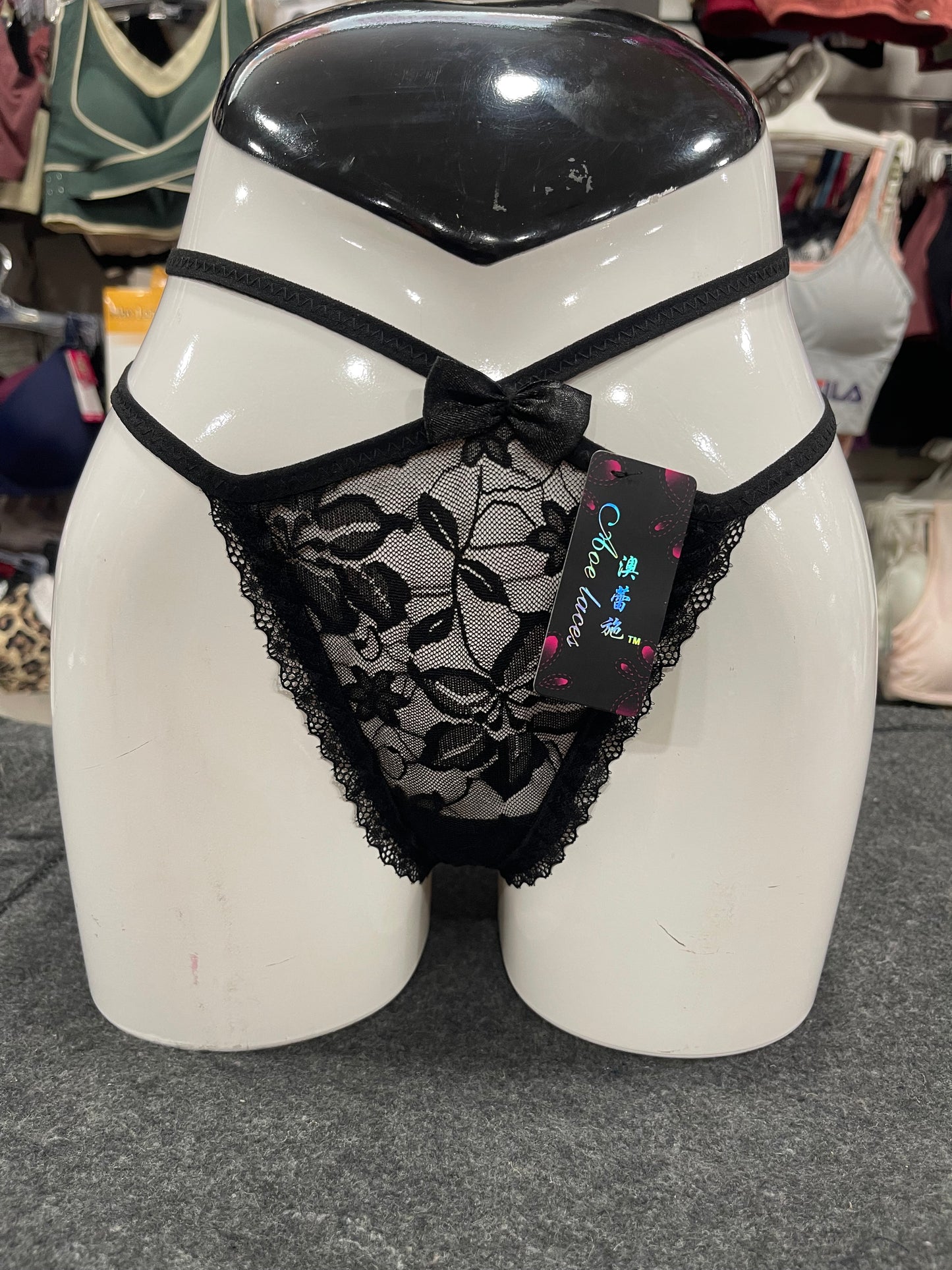 FLORAL LACE OPEN- BACK THONG PANTY - BLACK COLOUR