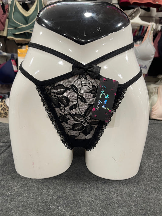 FLORAL LACE OPEN- BACK THONG PANTY - BLACK COLOUR