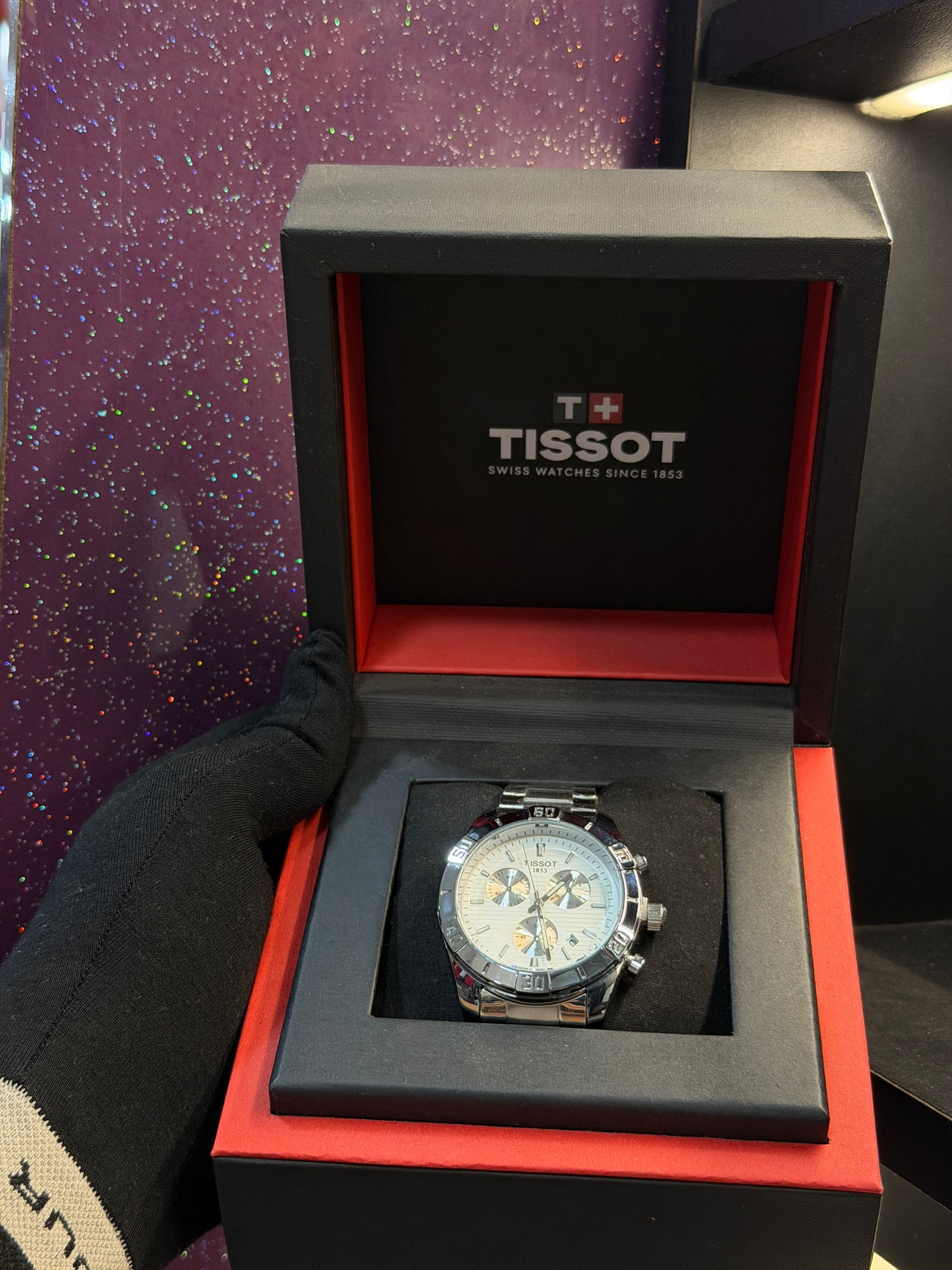 TISSOT - MEN'S WATCH - CHRONOGRAPH - SILVER COLOUR CHAIN WITH WHITE DIAL