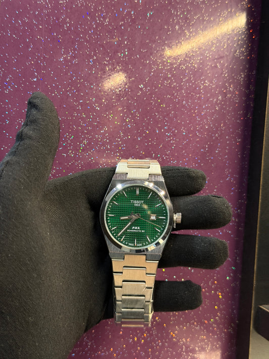 TISSOT - PRX - MEN'S WATCH - SILVER CHAIN WITH DARK GREEN COLOUR