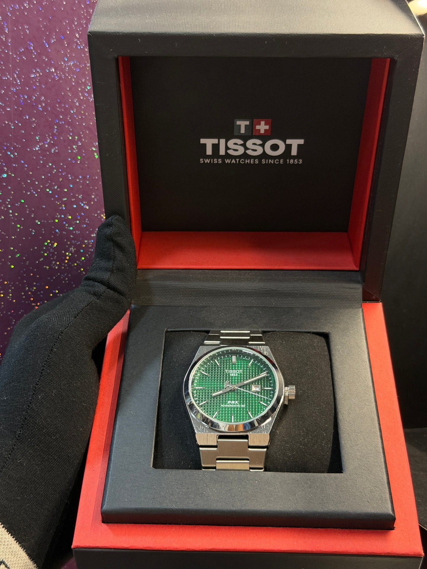 TISSOT - PRX - MEN'S WATCH - SILVER CHAIN WITH DARK GREEN COLOUR