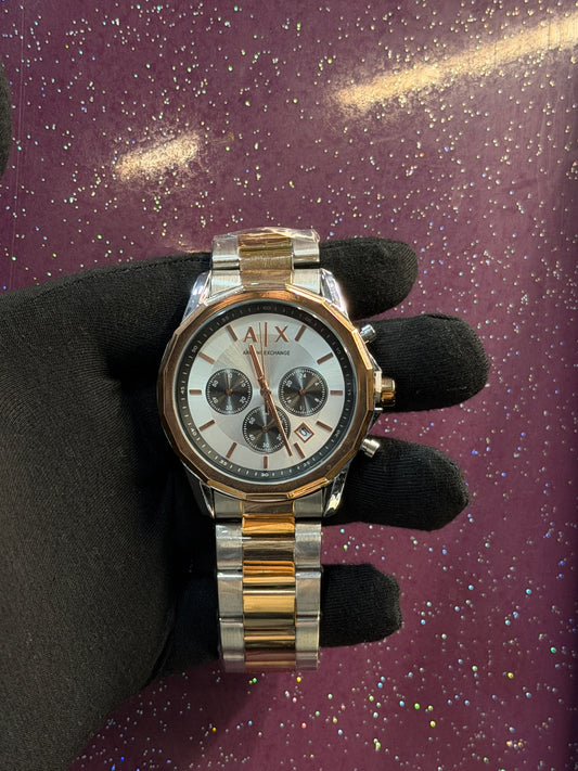 ARMANI EXCHANGE - MEN'S WATCH - CHRONOGRAPH - SILVER AND GOLDEN CHAIN WITH WHITE DIAL