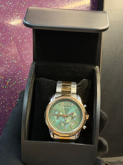 ARMANI EXCHANGE - MEN'S WATCH - CHRONOGRAPH - SILVER AND GOLDEN CHAIN WITH GREEN DIAL