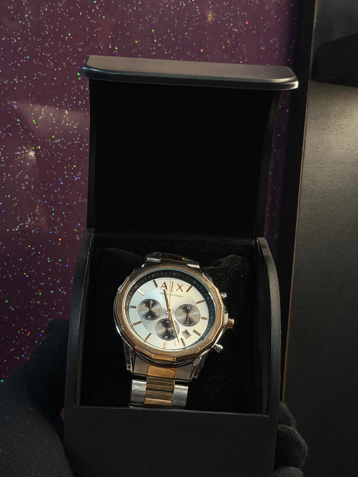 ARMANI EXCHANGE - MEN'S WATCH - CHRONOGRAPH - SILVER AND GOLDEN CHAIN WITH WHITE DIAL