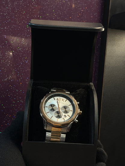 ARMANI EXCHANGE - MEN'S WATCH - CHRONOGRAPH - SILVER AND GOLDEN CHAIN WITH WHITE DIAL