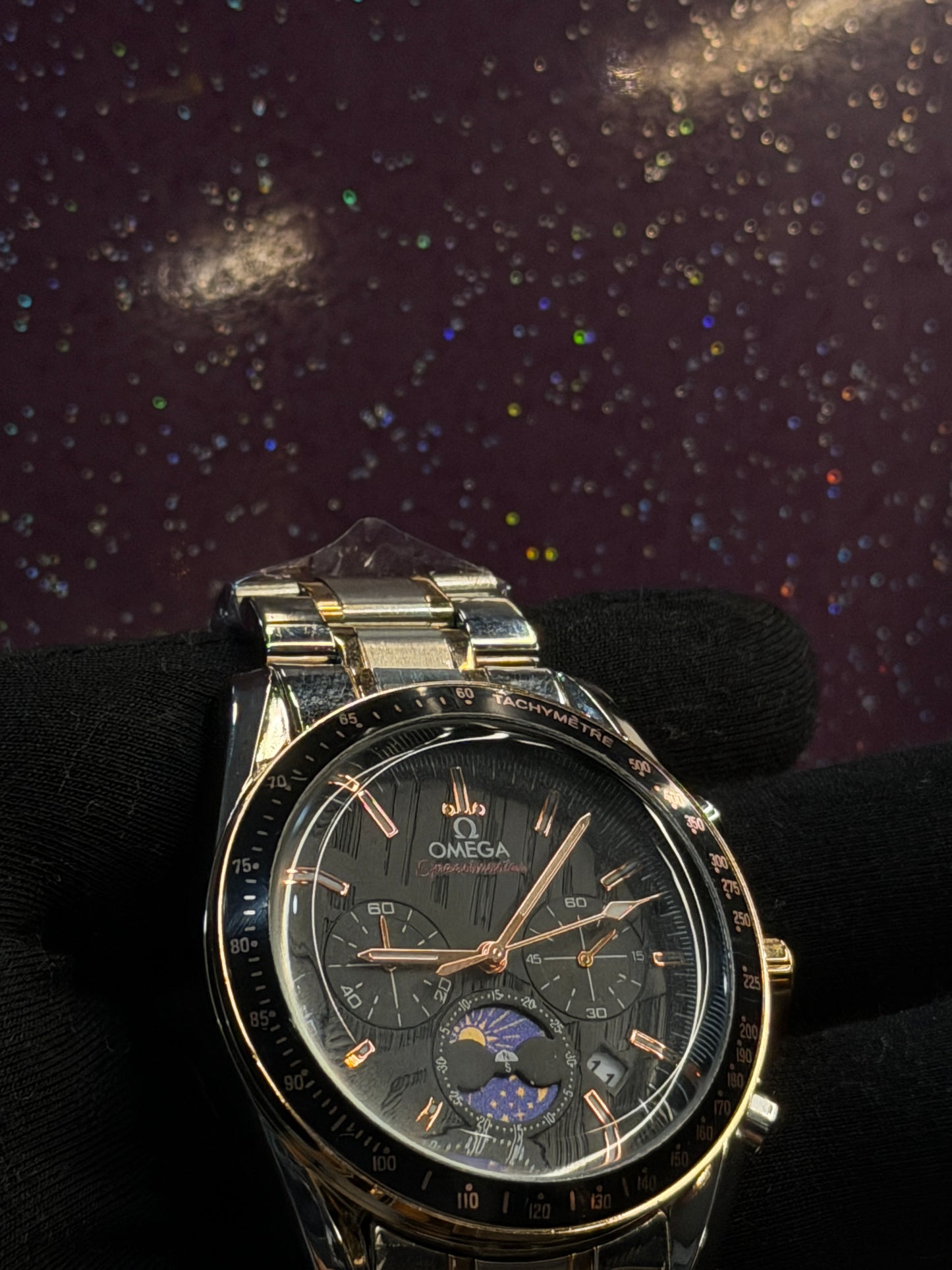 OMEGA - SPEEDMASTER - CHRONOGRAPH - SILVER ANSD GOLDEN CHAIN WITH VERY PRETTY DIAL