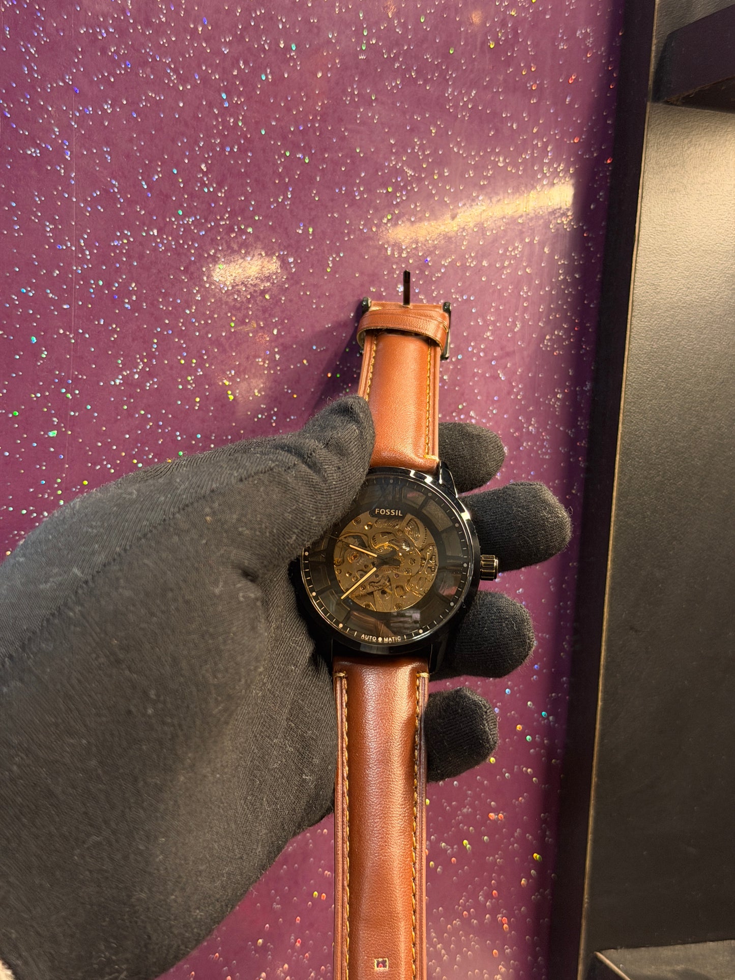 FOSSIL - AUTOMATIC WATCH - MEN'S WATCH , LEATHER STRAP , SEE-THROUGH ARTICLE