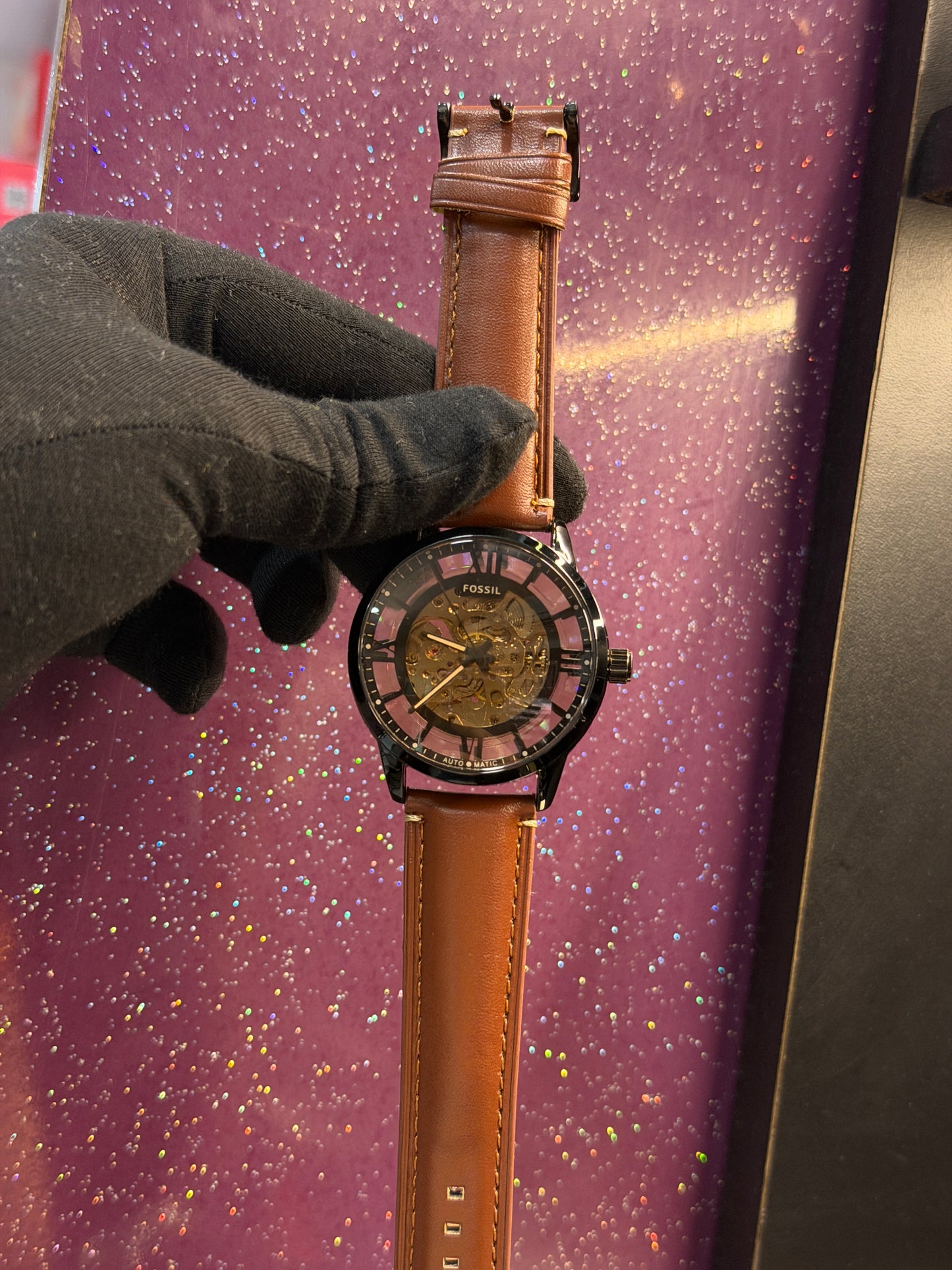 FOSSIL - AUTOMATIC WATCH - MEN'S WATCH , LEATHER STRAP , SEE-THROUGH ARTICLE