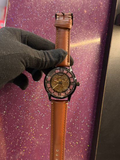 FOSSIL - AUTOMATIC WATCH - MEN'S WATCH , LEATHER STRAP , SEE-THROUGH ARTICLE