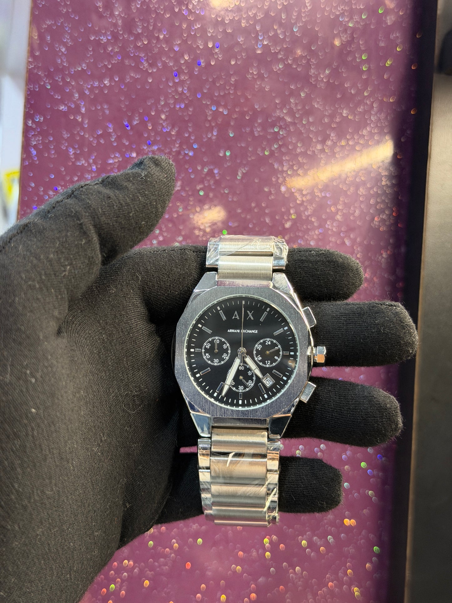 ARMANI EXCHANGE - MEN'S WATCH - CHRONOGRAPH - SILVER CHAIN WITH BLACK DIAL