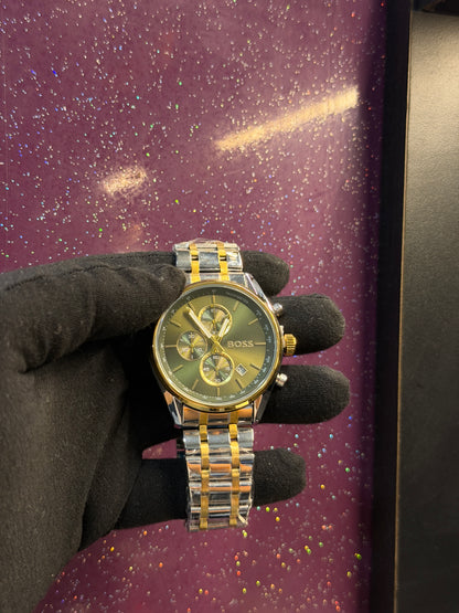 HUGO BOSS - CHRONOGRAPH - MEN'S WATCH - SILVER AND GOLDEN CHAIN WITH GREEN DIAL