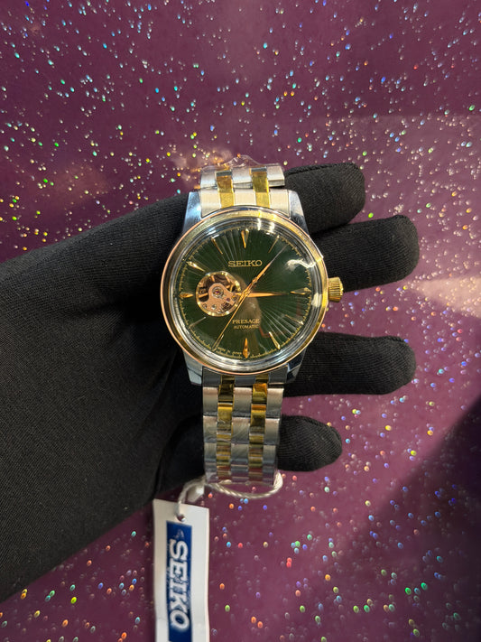 SEIKO-PRESAGE- MEN’S WATCH - AUTOMATIC WATCH - SILVER AND GOLDEN COLOUR CHAIN WITH GREEN DIAL
