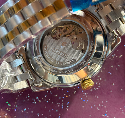 SEIKO-PRESAGE- MEN’S WATCH - AUTOMATIC WATCH - SILVER AND GOLDEN COLOUR CHAIN WITH BLACK DIAL
