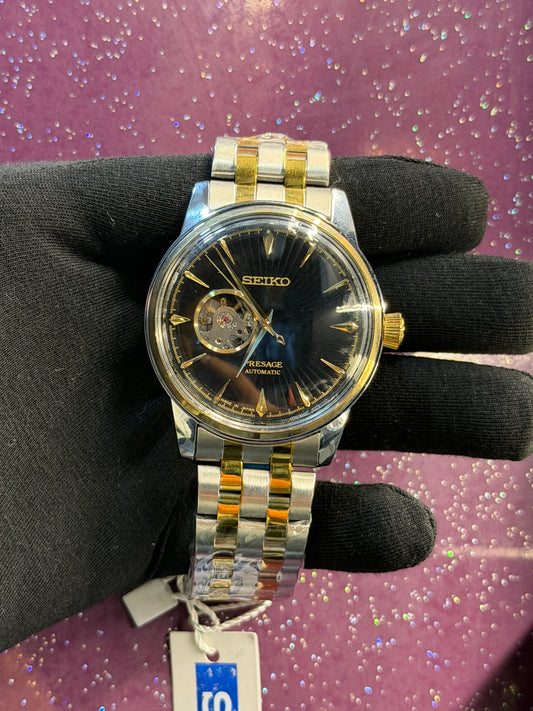 SEIKO-PRESAGE- MEN’S WATCH - AUTOMATIC WATCH - SILVER AND GOLDEN COLOUR CHAIN WITH BLACK DIAL