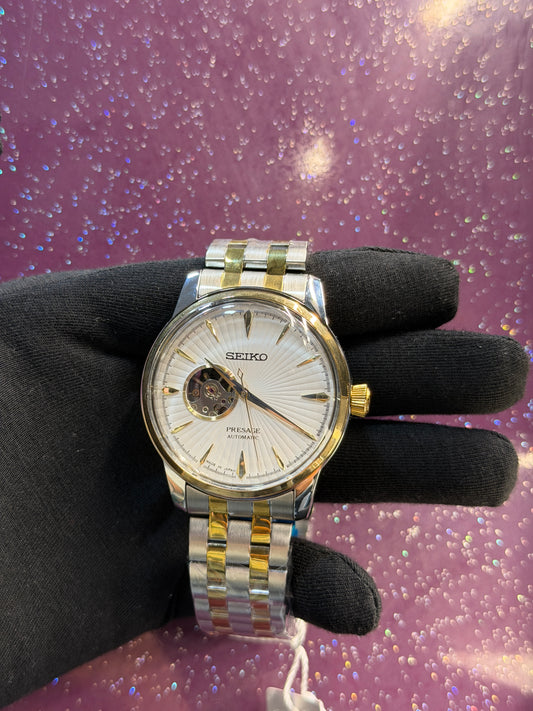 SEIKO-PRESAGE- MEN’S WATCH - AUTOMATIC WATCH - SILVER AND GOLDEN COLOUR CHAIN WITH WHITE DIAL