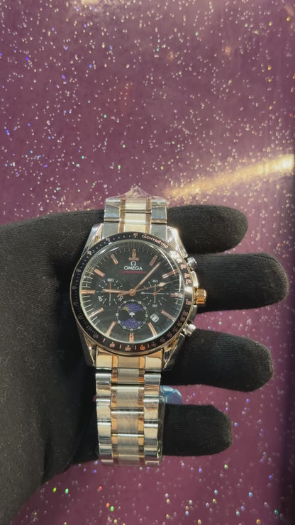 OMEGA - SPEEDMASTER - CHRONOGRAPH - SILVER ANSD GOLDEN CHAIN WITH VERY PRETTY DIAL