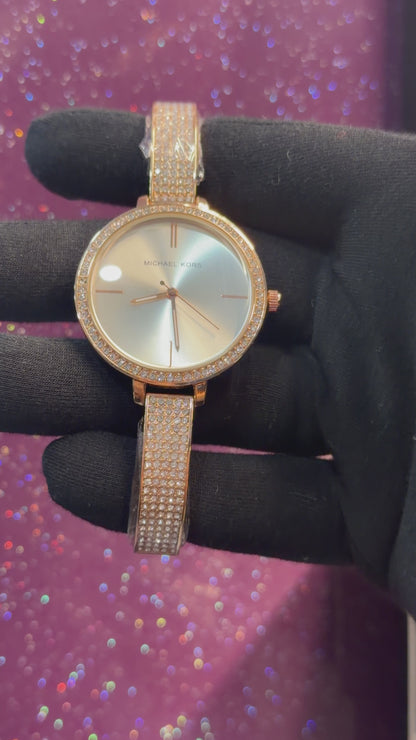 MK LADIES WATCH MK A-735 , GOLDEN CHAIN WITH STONE WORK AND WHITE DIAL