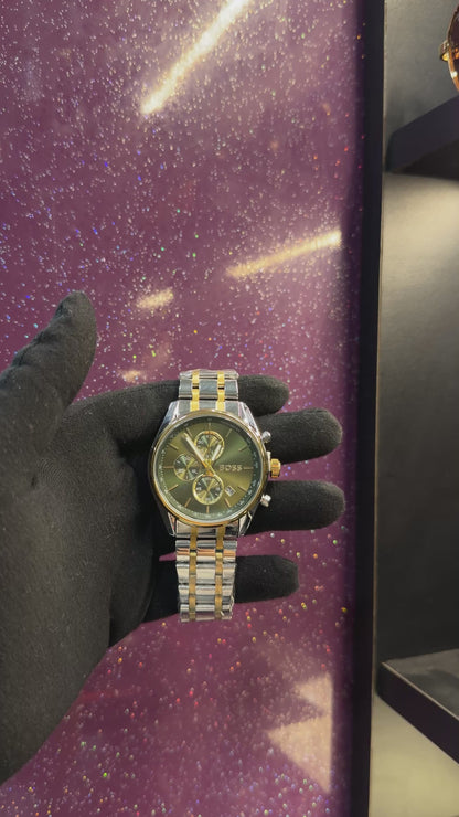 HUGO BOSS - CHRONOGRAPH - MEN'S WATCH - SILVER AND GOLDEN CHAIN WITH GREEN DIAL