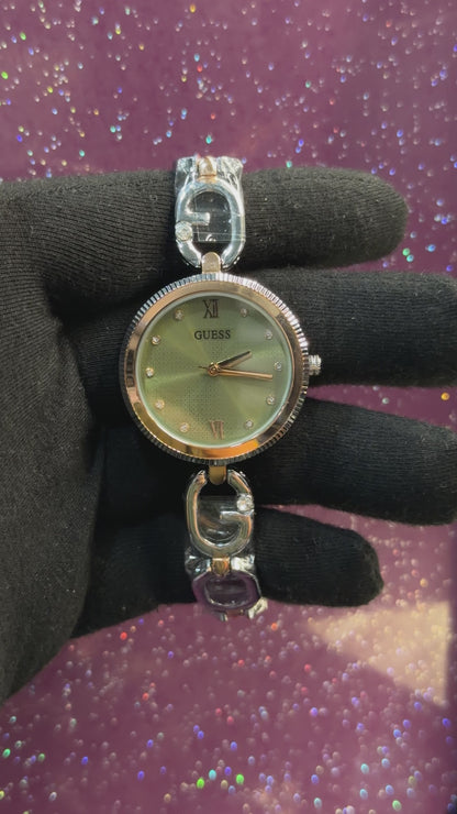 GUESS - LADIES WATCH - BRACELET LOOK - SILVER ROSE GOLD CHAIN WITH GREEN DIAL