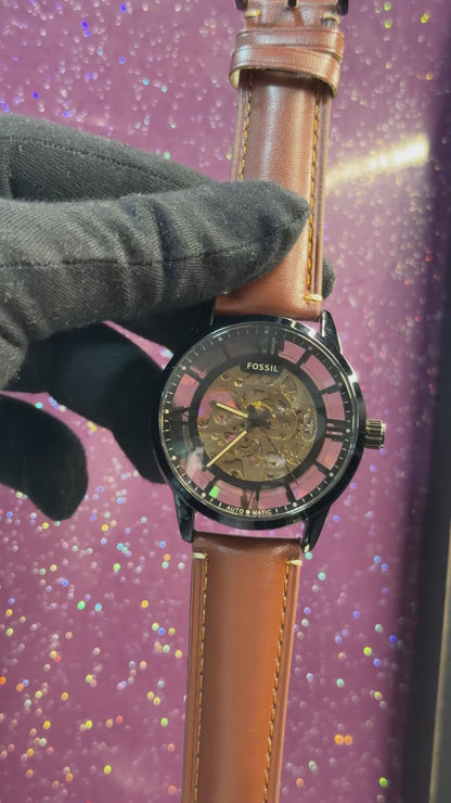 FOSSIL - AUTOMATIC WATCH - MEN'S WATCH , LEATHER STRAP , SEE-THROUGH ARTICLE