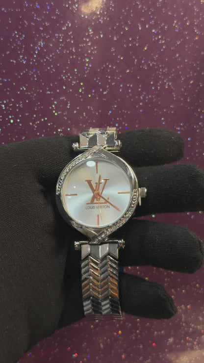 LV - LADIES WATCH -SILVER COLOUR CHAIN WITH WHITE DIAL - STONE WORK