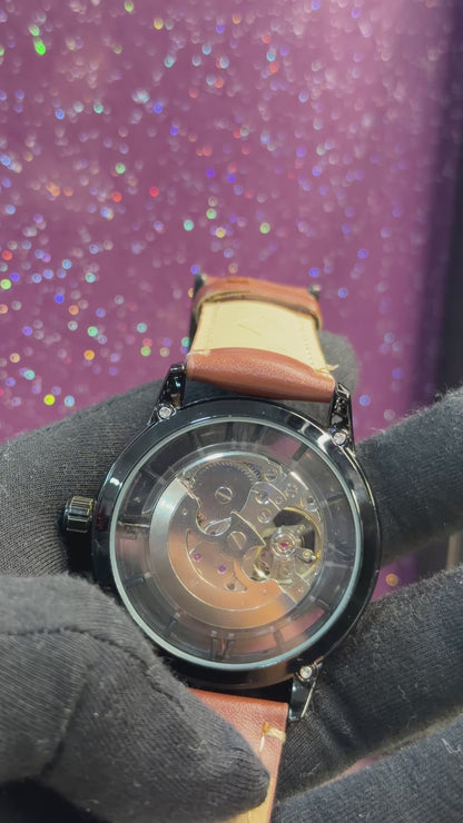 FOSSIL - AUTOMATIC WATCH - MEN'S WATCH , LEATHER STRAP , SEE-THROUGH ARTICLE