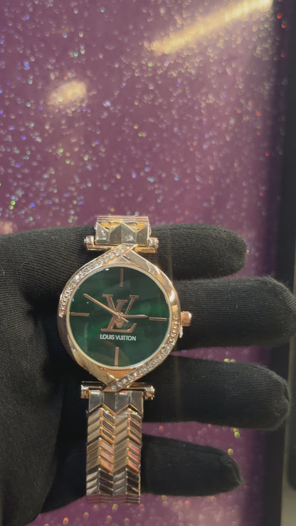 LV - LADIES WATCH - GOLDEN COLOUR CHAIN WITH GREEN DIAL - STONE WORK