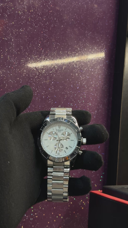 TISSOT - MEN'S WATCH - CHRONOGRAPH - SILVER COLOUR CHAIN WITH WHITE DIAL