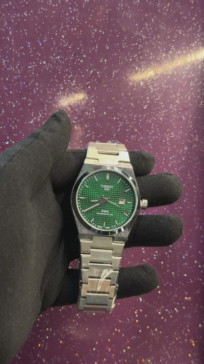 TISSOT - PRX - MEN'S WATCH - SILVER CHAIN WITH DARK GREEN COLOUR