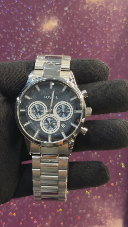 FOSSIL - MEN'S WATCH - CHRONOGRAPH - SEE THRU - SILVER CHAIN WITH NAVY BLUE DIAL