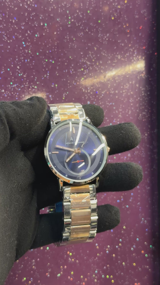 ARMANI EXCHANGE - MEN'S WATCH - SILVER AND GOLDEN CHAIN WITH BLUE DIAL
