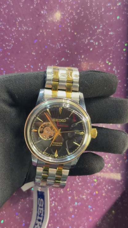SEIKO-PRESAGE- MEN’S WATCH - AUTOMATIC WATCH - SILVER AND GOLDEN COLOUR CHAIN WITH BLACK DIAL
