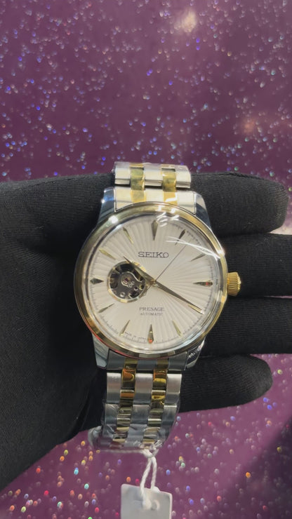 SEIKO-PRESAGE- MEN’S WATCH - AUTOMATIC WATCH - SILVER AND GOLDEN COLOUR CHAIN WITH WHITE DIAL