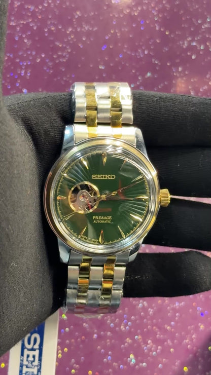 SEIKO-PRESAGE- MEN’S WATCH - AUTOMATIC WATCH - SILVER AND GOLDEN COLOUR CHAIN WITH GREEN DIAL