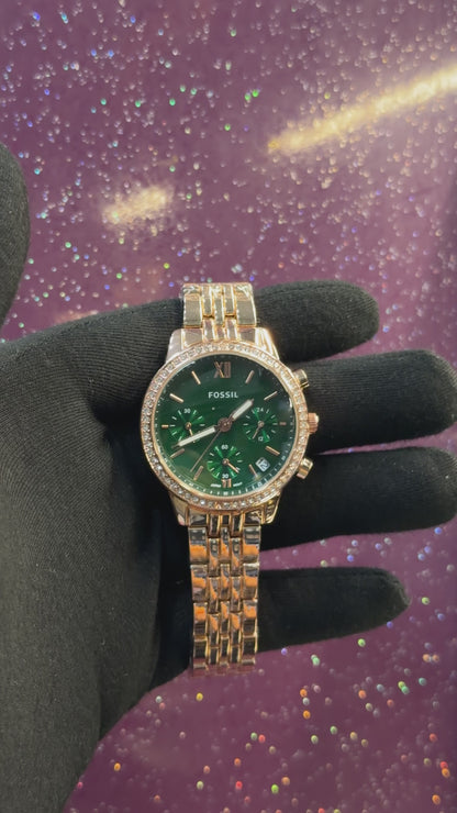 FOSSIL - LADIES WATCH - GOLDEN CHAIN WITH GREEN DIAL - STONE WORK